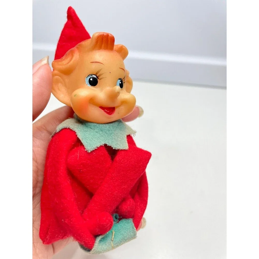 Japan Elf Knee Hugger Rubber Face Red Green Felt Not Colorfast Christmas VTG